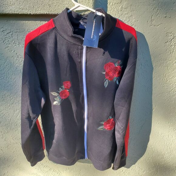 Screenshot Jacket Mens Coat Size L Large Black n Red w Embroidered Roses Zipper - Picture 1 of 7